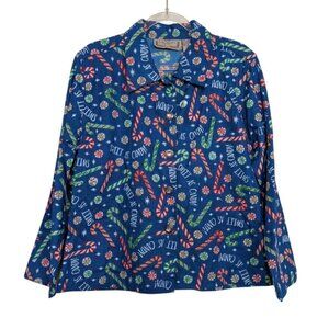 Vintage Christmas Jacket Womens Petite Size Medium Blue Candy Cane Peppermint